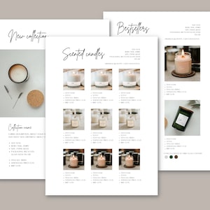 Puede incluir: Una p&aacute;gina de cat&aacute;logo de productos con velas perfumadas. La p&aacute;gina incluye im&aacute;genes de velas en frascos de vidrio, con etiquetas de texto y detalles. Las palabras "Nueva colecci&oacute;n" y "M&aacute;s vendidos" se muestran en la parte superior.