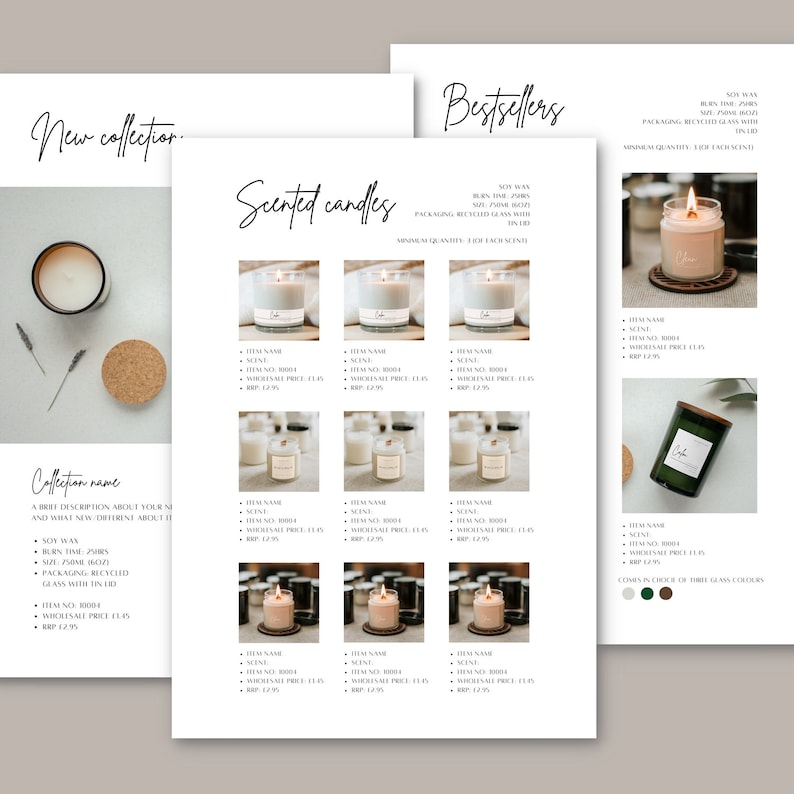 Puede incluir: Una p&aacute;gina de cat&aacute;logo de productos con velas perfumadas. La p&aacute;gina incluye im&aacute;genes de velas en frascos de vidrio, con etiquetas de texto y detalles. Las palabras "Nueva colecci&oacute;n" y "M&aacute;s vendidos" se muestran en la parte superior.