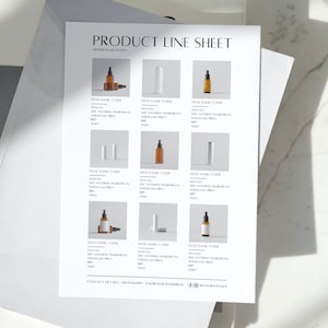 May include: Product line sheet with a grid of nine images of different bottles and tubes. Each image has a product name, code, and information about the product, such as the size, material, ingredients, wholesale price, and retail price.