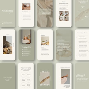 以下が含まれることがあります： 緑とベージュのカラーパレットを使用したソーシャルメディアグラフィックのコレクション。グラフィックには、マインドフルネス、セルフケア、バーンアウトに関するテキストが掲載されています。グラフィックには、食べ物、手、自然の画像も含まれています。