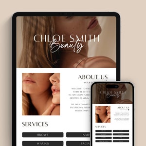 Puede incluir: Una captura de pantalla del sitio web de Chloe Smith Beauty, un salón de belleza que ofrece servicios como cejas, depilación con cera, uñas y tratamientos faciales. El sitio web presenta un diseño moderno con un enfoque en imágenes de alta calidad y un diseño limpio.