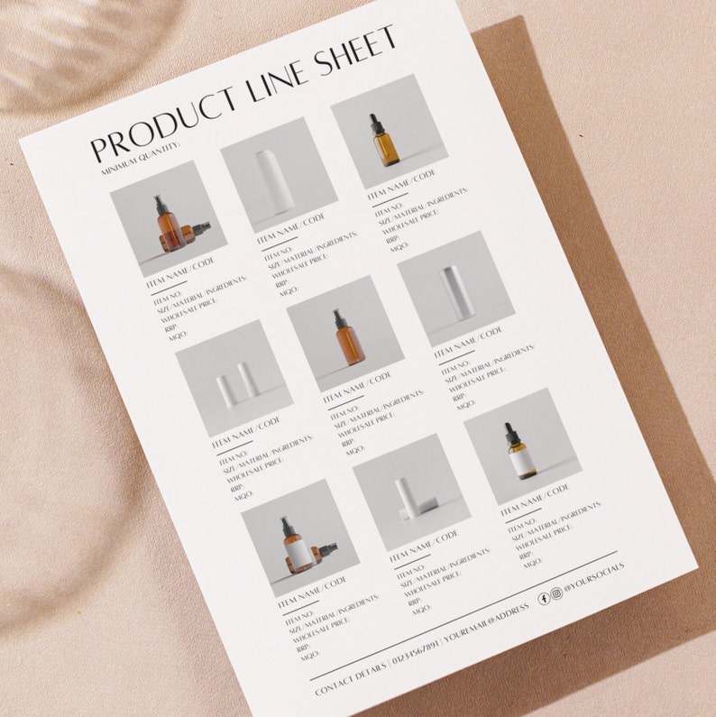 May include: A product line sheet with images of various bottles and tubes of skincare products. The sheet includes the product name, code, size, natural ingredients, wholesale price, and minimum order quantity.