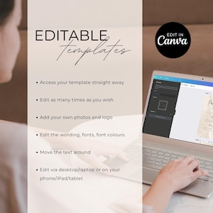 May include: A laptop computer with a white background showing a Canva design template on the screen. The text on the screen reads "EDIT IN Canva". The text on the left side of the image reads "EDITABLE Templates" and lists the features of the template: "Access your template straight away", "Edit as many times as you wish", "Add your own photos and logo", "Edit the wording, fonts, font colours", "Move the text around", "Edit via desktop/laptop or on your phone/iPad/tablet".