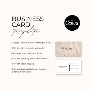 May include: Editable business card template with a gold and white marble background. The text "CHLOE SMITH Beauty" is displayed on the card. The template can be edited in Canva.