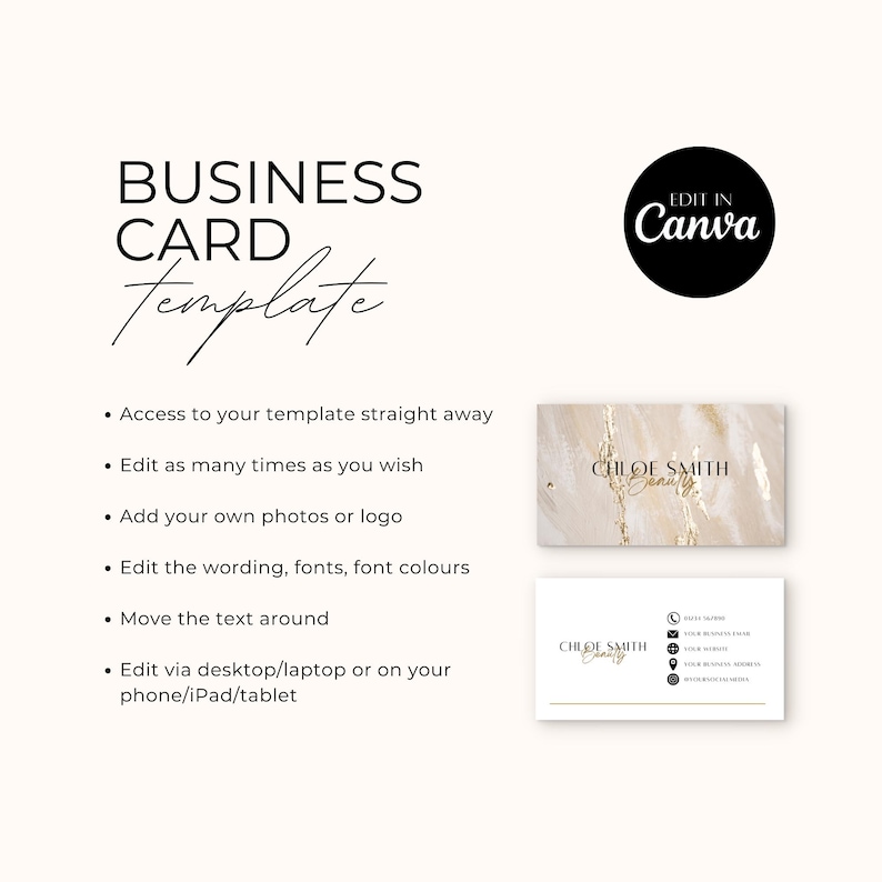 May include: Editable business card template with a gold and white marble background. The text "CHLOE SMITH Beauty" is displayed on the card. The template can be edited in Canva.
