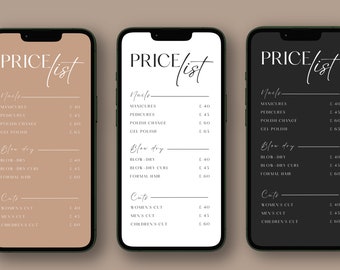 May include: Three price lists for a salon or spa, each with a different background color: brown, white, and black. The price lists include services such as manicures, pedicures, blow-dry, and cuts.