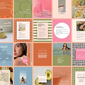 Könnte beinhalten: Eine Collage aus neun Instagram-artigen Quadraten mit Tipps für ein gesundes Leben. Die Quadrate zeigen Bilder von Essen, Natur und Menschen. Der Text enthält Sätze wie "Healthy Grocery Habits", "Top 5 Herbal Teas", "Midweek Mindfulness Break", "Self-Care Isn't Selfish" und "Did You Know?"