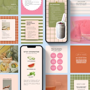 May include: A series of digital graphics with wellness themes. The images include recipes, hydration tips, and self-care reminders. One graphic shows a berry smoothie recipe, and another displays a grocery haul.