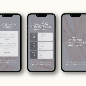 May include: Three smartphones displaying information. The first shows a cancellation policy, the second lists available appointments for the week, and the third highlights new appointment availability. All screens have a gray background with white text.