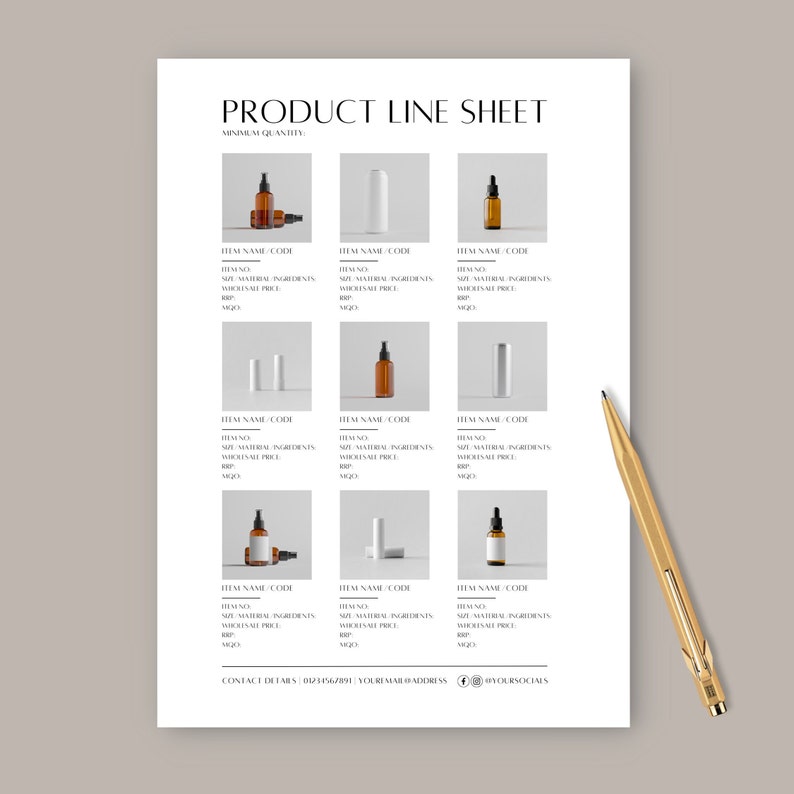 May include: Product line sheet with images of different bottles and cans. The sheet includes the item name, code, ingredients, wholesale price, and contact details.