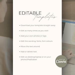 Puede incluir: Gr&aacute;fico color crema con las palabras "EDITABLE Templates" en escritura negra. Vi&ntilde;etas describen las caracter&iacute;sticas de la plantilla: descargar, editar, agregar fotos, cambiar texto, mover texto y editar en varios dispositivos. El logotipo de Canva est&aacute; en la esquina inferior derecha.