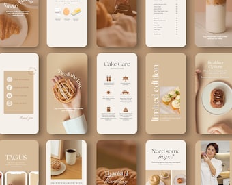 Pode incluir: Um conjunto de modelos de histórias do Instagram para uma padaria ou café. Os modelos apresentam imagens de bolos, café e texto sobre o negócio. O texto inclui frases como "Domingo de diversão", "Espalhe o amor", "Cuidados com o bolo", "Edição limitada", "Precisa de inspiração?", "Opções mais saudáveis", "Sobre mim", "Marque-nos", "Oferta especial da semana", "Bolo grátis com cada café" e "Quinta-feira grata".