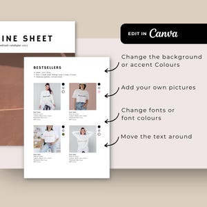 Puede incluir: Una p&aacute;gina blanca con el texto "INE SHEET" y "Wholesale catalogue 2023" en la parte superior. La p&aacute;gina enumera "BESTSELLERS" y muestra cuatro im&aacute;genes de sudaderas blancas con diferentes dise&ntilde;os. El texto "EDIT IN Canva" est&aacute; en la esquina superior derecha de la p&aacute;gina. Debajo del texto, hay cuatro instrucciones para editar la p&aacute;gina: "Cambiar el fondo o los colores de acento", "Agregar tus propias im&aacute;genes", "Cambiar las fuentes o los colores de las fuentes" y "Mover el texto".