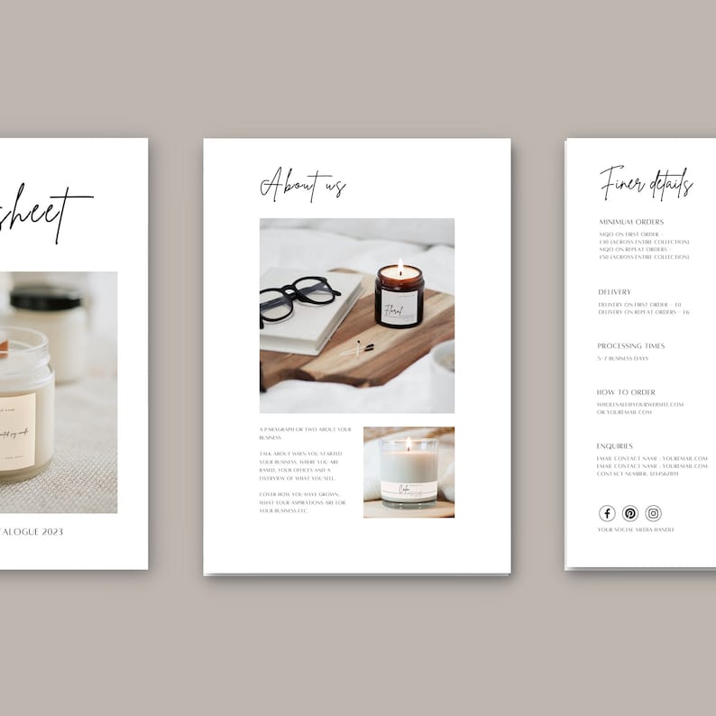 Puede incluir: Un dise&ntilde;o de cat&aacute;logo con un dise&ntilde;o minimalista. Las p&aacute;ginas presentan im&aacute;genes de velas, texto e iconos de redes sociales. El texto incluye las palabras "About us" y "Finer details". La combinaci&oacute;n de colores es principalmente blanco y negro con un fondo neutro.