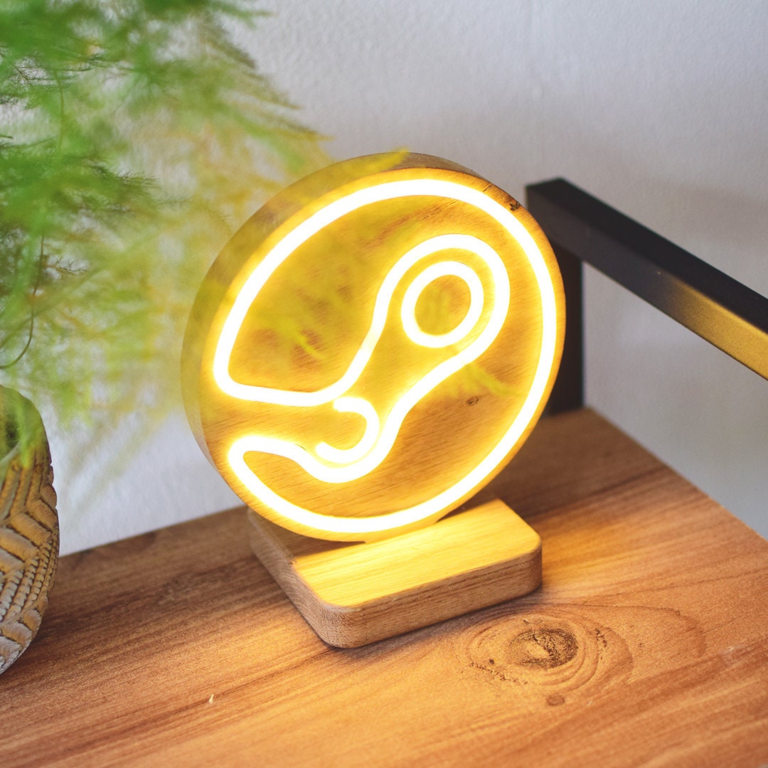 Steam Sticker Light Wooden Steam Logo LED Neon Sign - RGB Light Gaming Decor, Geek Desk ...