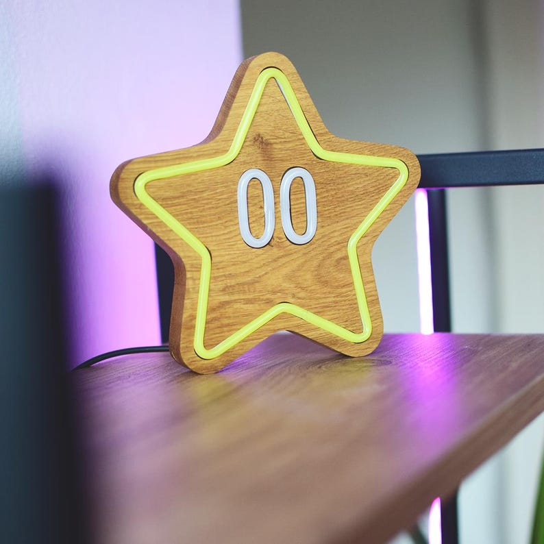 Star Wooden Neon Light Cute Room Night Light Nintendo Mario Decor
