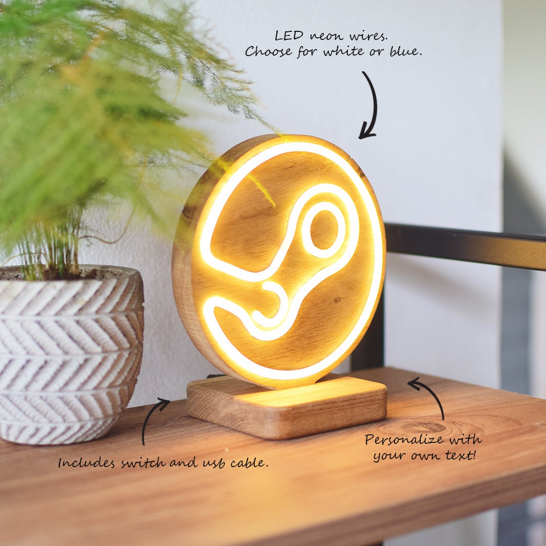 Wooden Steam Logo LED Neon Sign - RGB Light Gaming Decor, Geek Desk Setup Gift for Gamers, Gaming Merchandise Present