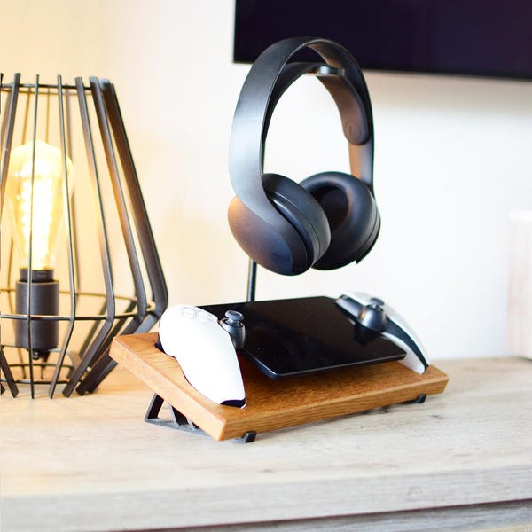 Soporte de exhibición de control de madera para PS5 PlayStation Portal, roble, nogal, arce, soporte para auriculares, base de carga, personalización portátil