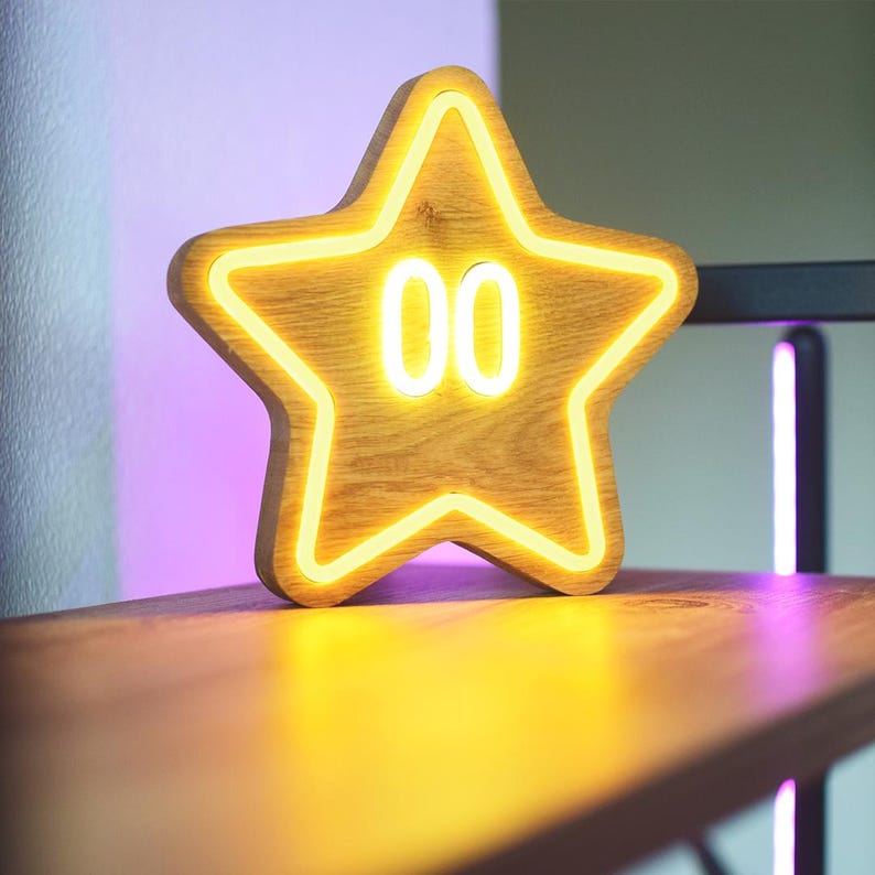 Star Wooden Neon Light Cute Room Night Light Nintendo Mario Decor