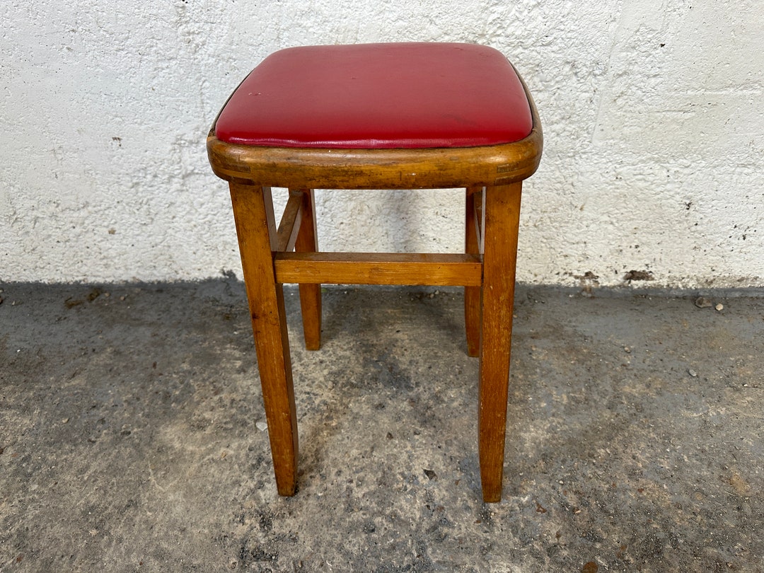 Vintage Mid Century Solid Wood Breakfast Bar Stool With Red Etsy