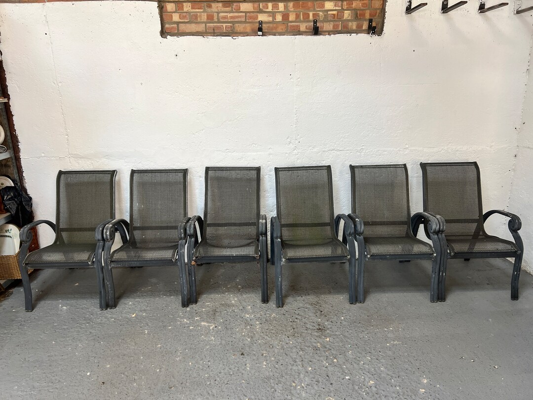 6 Vintage Grey Metal Garden Chairs With Mesh Seat and Swirled Etsy