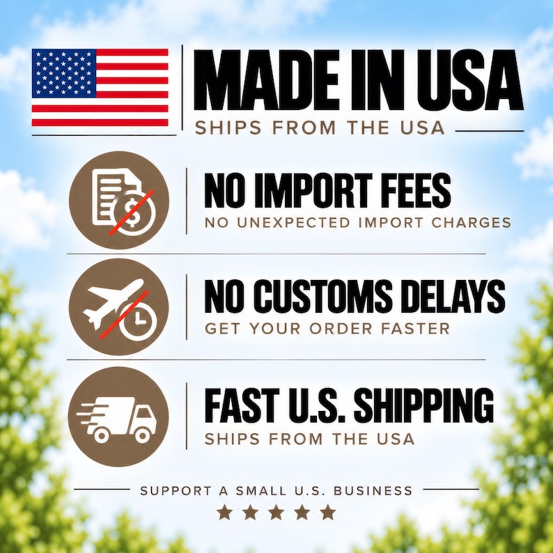 May include: A graphic featuring the American flag and the text MADE IN USA. It lists benefits including NO IMPORT FEES, NO CUSTOMS DELAYS, and FAST U.S. SHIPPING, accompanied by icons of a document with a coin, a plane with a clock, and a delivery truck.
