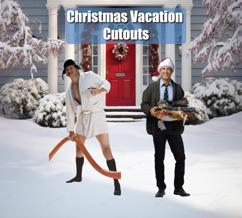 Christmas vacation life-size cutouts with cousin Eddie and Clark Griswold. Weatherproof and used for holiday setup outdoor or indoors.