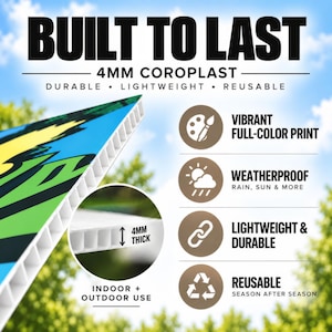 May include: A 4mm thick coroplast sign featuring a vibrant full-color print. The sign is durable, lightweight, and reusable for indoor and outdoor use. Text on the sign includes BUILT TO LAST, 4MM COROPLAST, DURABLE, LIGHTWEIGHT, REUSABLE, VIBRANT FULL-COLOR PRINT, WEATHERPROOF, and INDOOR + OUTDOOR USE.