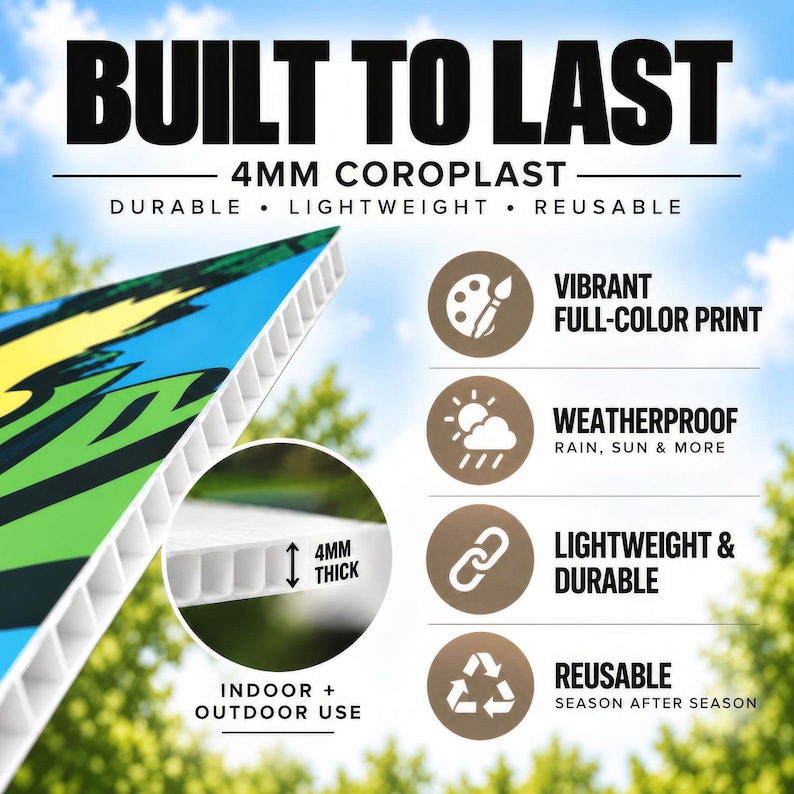 May include: A 4mm thick coroplast sign featuring a vibrant full-color print. The sign is durable, lightweight, and reusable for indoor and outdoor use. Text on the sign includes BUILT TO LAST, 4MM COROPLAST, DURABLE, LIGHTWEIGHT, REUSABLE, VIBRANT FULL-COLOR PRINT, WEATHERPROOF, and INDOOR + OUTDOOR USE.