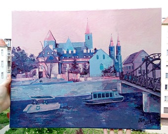 Wroclaw Tumsky Island Landschaft Polen Blau Blau 40x50 cm Original Ölgemälde auf gespannter Leinwand