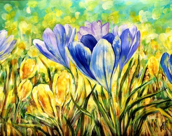 Peinture Crocus Bleu Fleurs Jaunes. Peinture originale avec des peintures acryliques sur acrylique texturé et papier à l’huile.