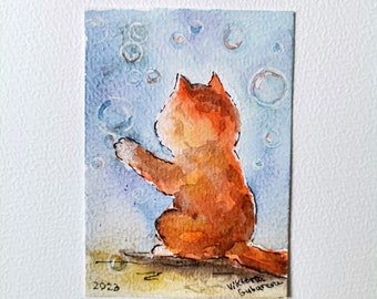 Ingwer Kätzchen spielt mit Seifenblasen ACEO original Aquarell