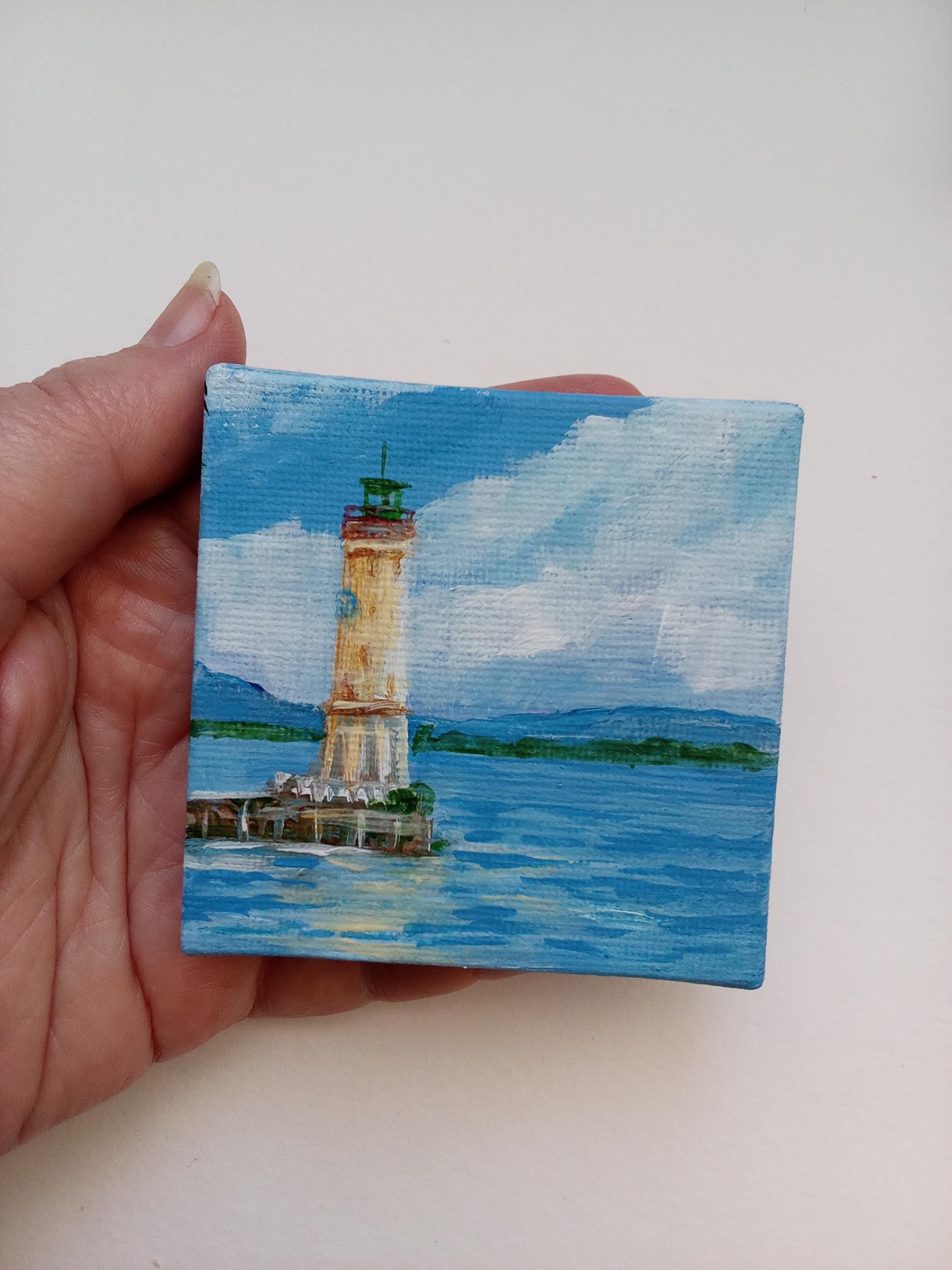 海の風景画 - LITTLE EUROPA GALLERY Miniature Painting Lindau Lighthouse on 2.7*2.7 Inch (7x7 Cm