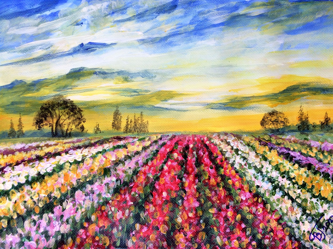 Tulip Field Acrylic Painting – Dutch Landscape Art - Etsy