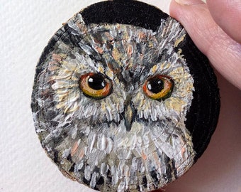 Long-eared gray owl original painting on a round cut of wood with acrylic Miniature 2.3x2.3 inches Mini Wood Burned Slices