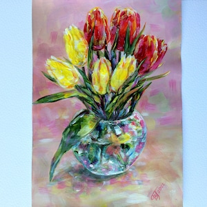 Dipinto acrilico Tulipani in un vaso. Natura morta. Dipinto originale con colori acrilici su carta acrilica e oleata.