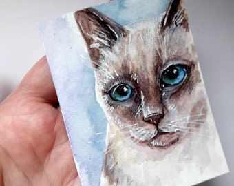 ACEO ORIGINAL ART Gato siamés con ojos azules pintura retrato de mascota arte animal