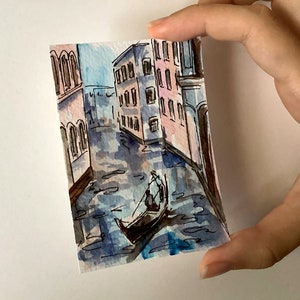 ACEO acquerello Paesaggio Venezia piccolo dipinto originale con una barca