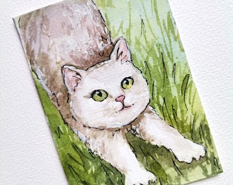 ACEO ARTE ORIGINAL Gato blanco en la hierba