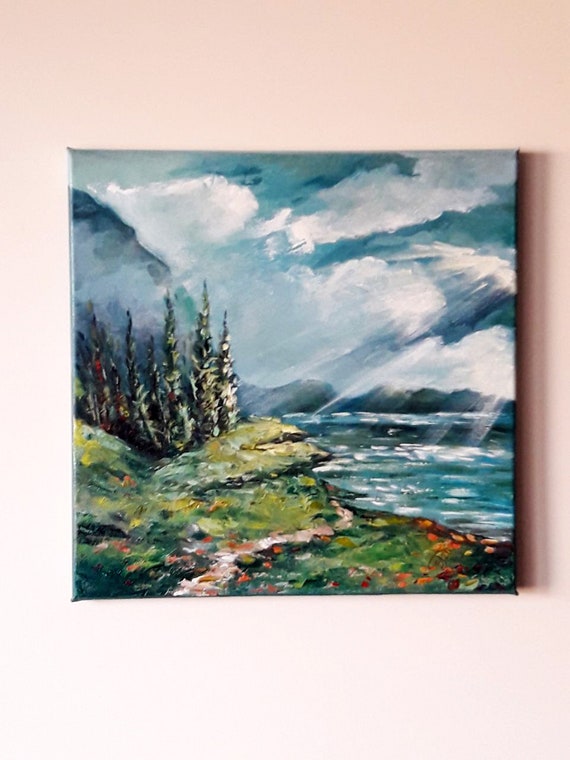 秋の風景油絵 - 湖の風景、12x12インチのキャンバスに描かれた自然の