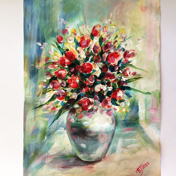 Acrylbild Blumen in einer Vase. Stillleben. Originalgemälde mit Acrylfarben auf strukturiertem Acryl- und Ölpapier.