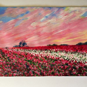 Dipinto acrilico Tramonto rosso Campo di tulipani. Paesaggio olandese. Dipinto originale con colori acrilici su carta acrilica e olio testurizzata.