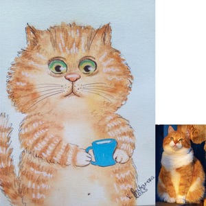 Custom Funny Pet Portrait Sleepy Cartoon Style Cat or Dog Personalized Watercolor with Mug & Sleep Mask Illustration  8 x 12 inches (A4)