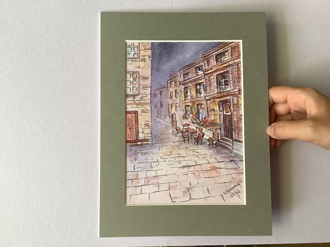 Urban Evening Landscape Cafe Tables. Watercolor Painting in ...