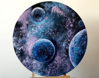 Pintura de Galaxia Cósmica: Obra de arte espacial original sobre lienzo redondo, pintada a mano