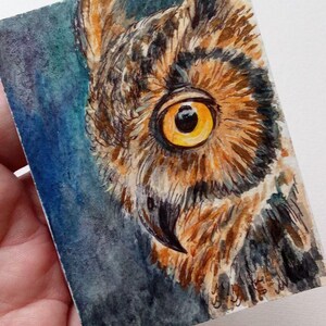 Retrato de búho chico ACEO Pintura de acuarela original ATC mini pintura