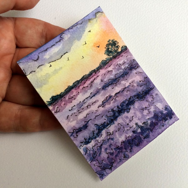 Landscape ACEO Lavender field and sunset