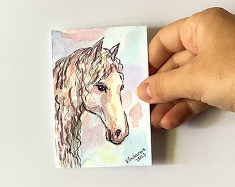 Portrait of a White horse in watercolor ACEO original art