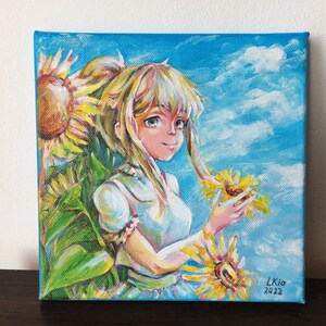 Painting girl and sunflowers. People portrait. Original acrylic painting on canvas