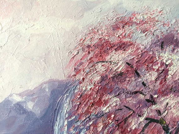 Buy Oil Painting Original Japanese Mountain Landscape Pink Cherry